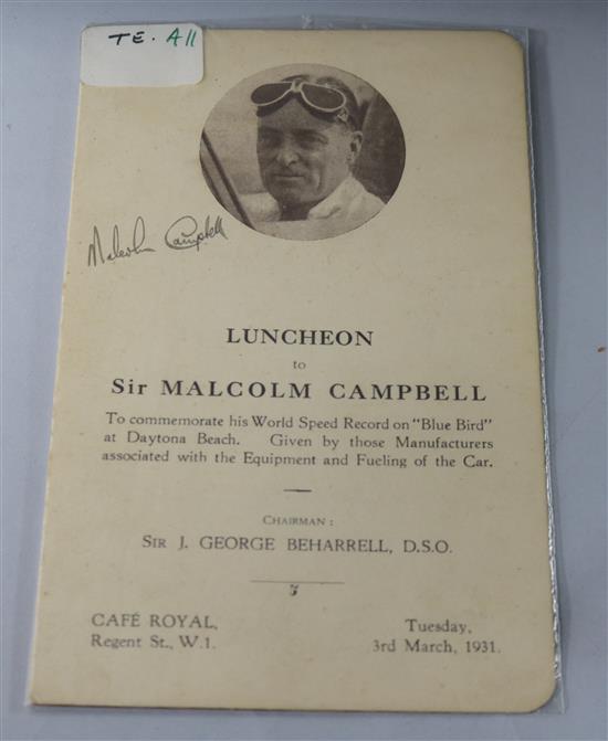 Sir Malcolm Campbell (1885-1948), a signed menu, Cafe Royal, Tuesday 3rd March, 1931